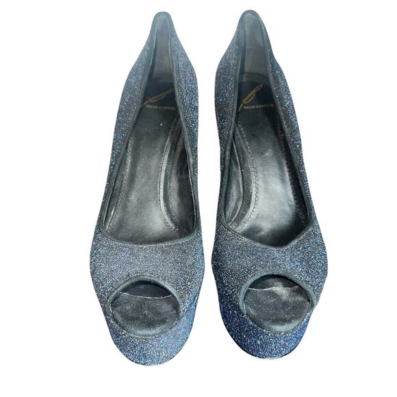 Brian Atwood Midnight Sparkle Platform Heels 7.5 Peep Toe Glitter Pumps - Picture 3 of 11